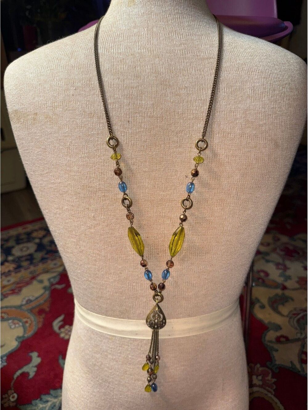 NECKLACE AVON Vintage Beaded Necklace with Filigree Pendant and Tassel